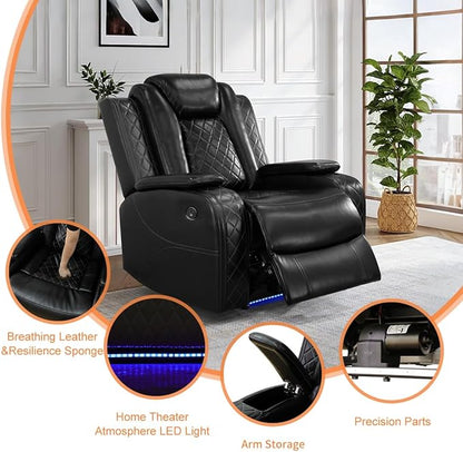 Power Recliner Chair, Living Room Furniture Sets with LED, Modern Single Reclining Chair with Adjustable Footrests,Leather Reclining Couches, Recliner Furniture for RV/Apt/Bedroom/Meeting Room