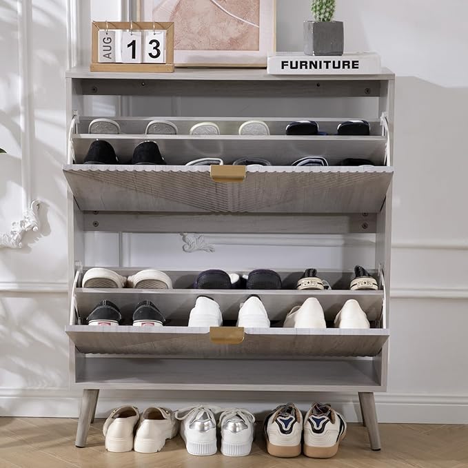 Shoe Cabinet with 2 Flip Drawers, Freestanding Shoe Organizer with 4 Wooden feet, Modern Shoes Storage Cabinet for Entryway, Hidden Narrow Shoe Rack Cabinet for Foyer, Hallway, Mudroom, Grey