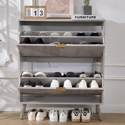 Shoe Cabinet with 2 Flip Drawers, Freestanding Shoe Organizer with 4 Wooden feet, Modern Shoes Storage Cabinet for Entryway, Hidden Narrow Shoe Rack Cabinet for Foyer, Hallway, Mudroom, Grey