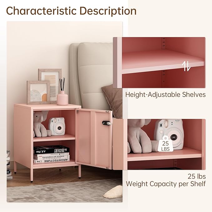 Metal End Table Single Door Bedside Nightstand Lockable Storage Cabinet Kids Locker for Living Room, Bedroom, Dorm,Home, Office 21.26”H X 15.75”W X 15.75”D (1 Door, Pink)