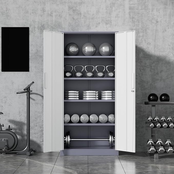 Bonusall 72" Metal Garage Storage Cabinet, 2 Locking Doors & 4 Adjustable Shelves Tall Storage, Heavy Duty Steel Tool Cabinet for Home, Office, Warehouse, School (White Grey)