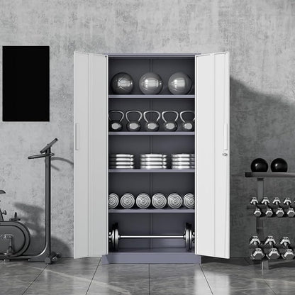 Bonusall 72" Metal Garage Storage Cabinet, 2 Locking Doors & 4 Adjustable Shelves Tall Storage, Heavy Duty Steel Tool Cabinet for Home, Office, Warehouse, School (White Grey)