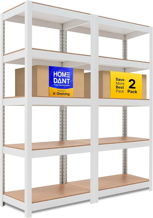 HOMEDANT House 5 Tier Heavy Duty Garage Shelving Adjustable Metal Rack Storage Shelves Standing Shelf Unit Organizers Pantry Closet Office (2, White, 24.4" W x 16.2" D)