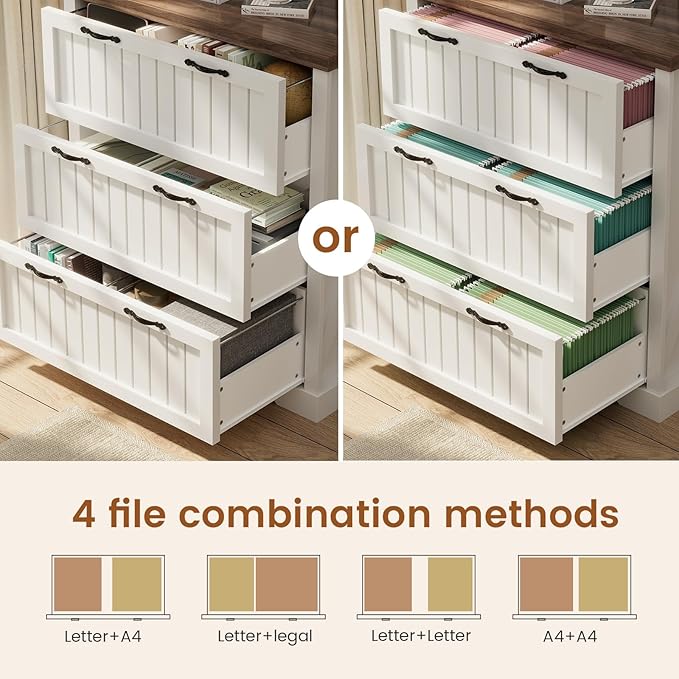 SEDETA 3 Drawer File Cabinet, Farmhouse Filing Cabinet for Home Office, Wood Office File Cabinets for Letter/Legal/A4 Size, Lateral File Cabinets with Printer Stand for Study Room, Living Room, White