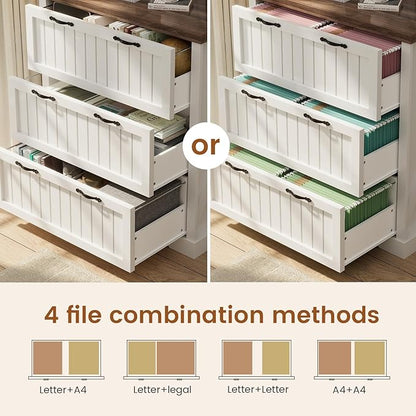 SEDETA 3 Drawer File Cabinet, Farmhouse Filing Cabinet for Home Office, Wood Office File Cabinets for Letter/Legal/A4 Size, Lateral File Cabinets with Printer Stand for Study Room, Living Room, White