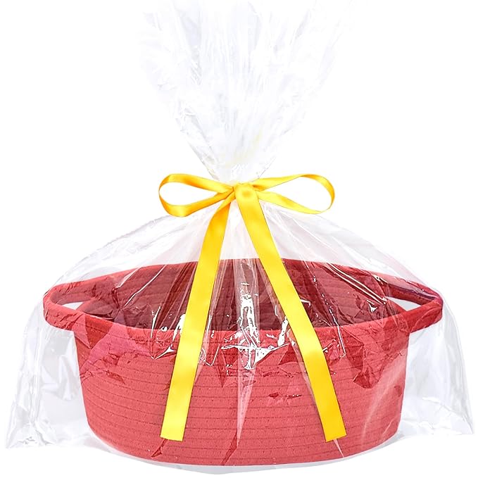 ABenkle Small Basket with Gift Bags and Ribbons, Empty Gift Baskets for Mother's Day, Decorative Boho Rope Woven Nursery Storage Organizer Toy Baskets with Handle for Baby Showers, 12"X 8" X 5"