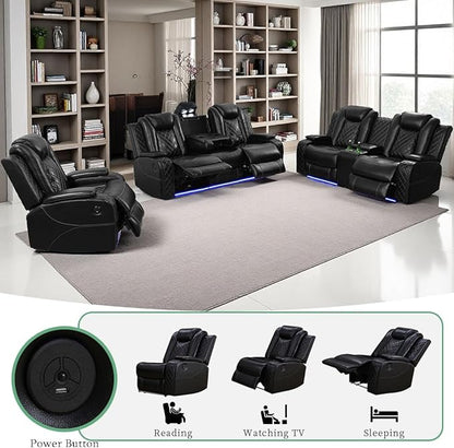 Modern Living Room Furniture Sets, Power Reclining Sofa Set, 3-Pieces Breathing Leather Black Power Recliner Sofa Couches Set with Storage Console/Cup Holder/LED Light for Office/Living Room