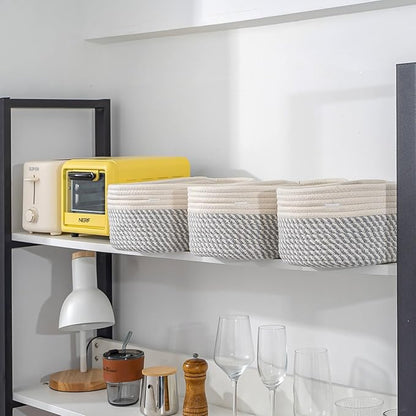 CubesLand Small Baskets, Storage Baskets for Organizing Shelves, Rectangular Woven Storage Basket Natural Cotton Rope Bins Closet Baby Nursery Empty Gifts Basket Off White/Mixed Gray