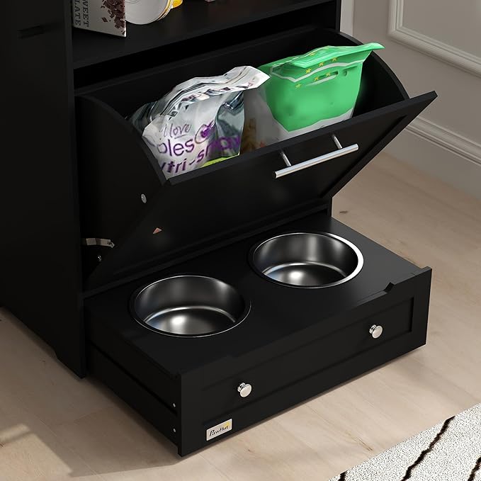 PawHut Dog Feeding Station with Raised Bowls & Storage Cabinet, Pet Feeder Cabinet Container with Hanger for Feeding & Watering Supplies, Dog Food Organizer, Black