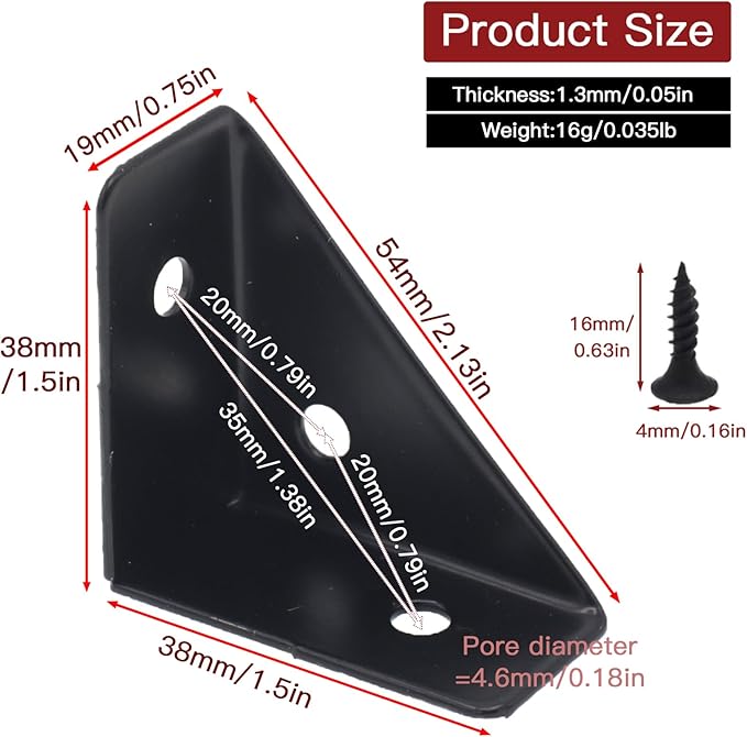 10Pcs Black Right Angle Corner Shelf Bracket, 38x38mm Metal Corner Brackets for Wood Desk Bed Cabinet Edge, 1.5x1.5inch 90 Degree Corner Shelf Support Braces, with Mounting Screws