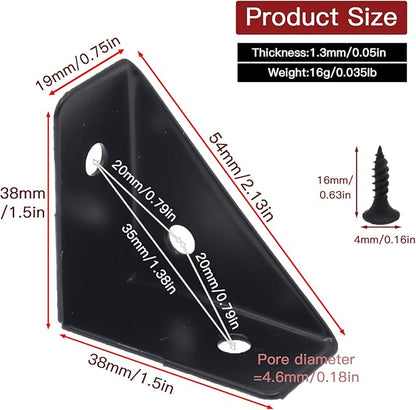 10Pcs Black Right Angle Corner Shelf Bracket, 38x38mm Metal Corner Brackets for Wood Desk Bed Cabinet Edge, 1.5x1.5inch 90 Degree Corner Shelf Support Braces, with Mounting Screws