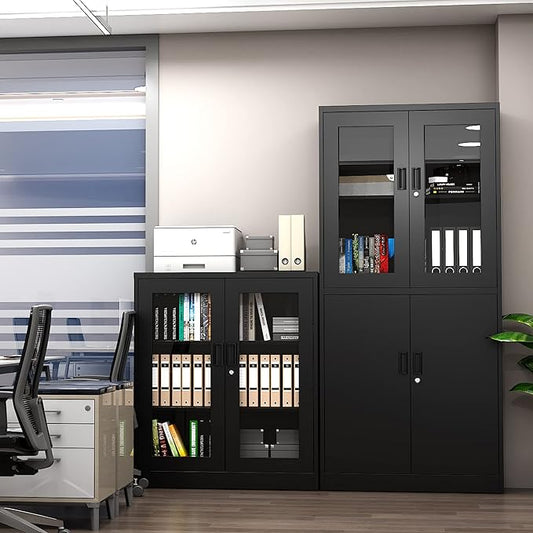 Letaya Storage Cabinet,36" Steel Locker, Lockable Glass Door,2 Adjustable Shelf Organizer Pantry for Office File,Home (36"-Black)