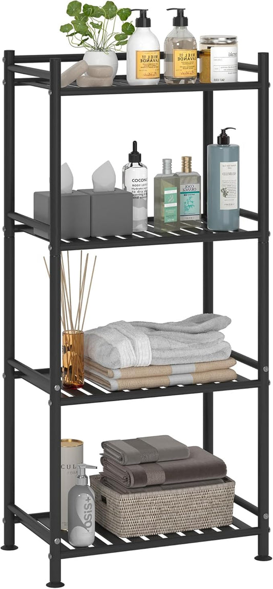 4 Tier Bathroom Storage Open Shelf Unit, Free-Standing Metal Corner Rack Shelving for Kitchen, Living Room, Hallway (Black, Wider 4 Tier)