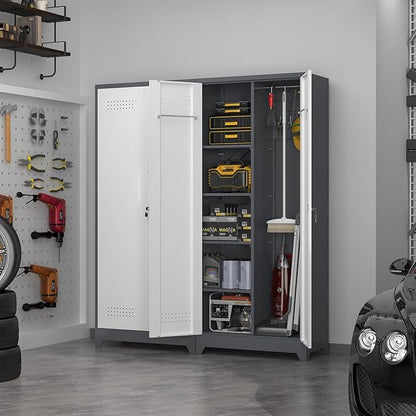72.8" H Metal Garage Storage Cabinets with Doors and Shelves, Broom Closet Storage Cabinet, Tool Cabinets with Hanging Rod, Cleaning Storage Cabinets for Garage,Bedroom Office Grey&White