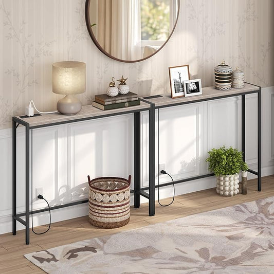 Console Table, 2 Pack Narrow Sofa Table, 43.3” Entrance Table with Power Station, Behind Couch Table, for Living Room, Hallway, Entryway, Foyer, Greige and Black CTHG112E01S2