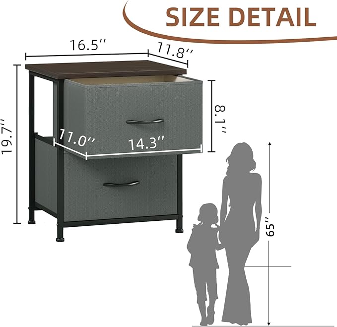 Somdot Nightstand Set of 2 with 2 Storage Drawers, Small Bedside Table End Table, Wooden Top Fabric Cabinet for Bedroom, Kids Closet, College Dorm, Entryway, Charcoal Grey