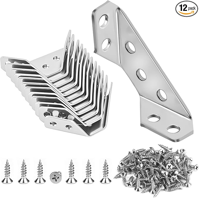 12-Pack Premium Stainless Steel Corner Brackets for Wood Frame, Universal Metal Hardware Corner Braces with Screws, Wooden Furniture Corner Connectors Such as Drawers, Cabinets, Tables and Chairs