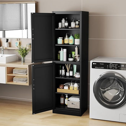 67" Metal Storage Cabinet with Lock, Tall Narrow Office File Cabinets with 2 Doors & 4 Adjustable Shelves, Metal Steel Locker for Home, School, Office, Garage or Gym (Black)