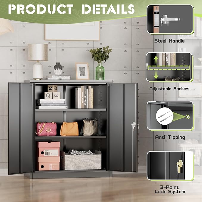 Oakcloud Metal Storage Cabinet Tool Organizer, 36" Lockable Garage Storage Tool Cabinets with 2 Doors and 2 Adjustable Shelves, Locking File Cabinet for Office, Home, School (36“-Black)