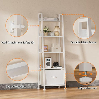 Furologee 5-Tier White Ladder Shelf, Ladder Bookshelf with Removable Drawer, Mordern Bookcase Storage Rack Organizer, Wood Metal Freestanding Storage Shelves for Living Room, Home Office, Bedroom