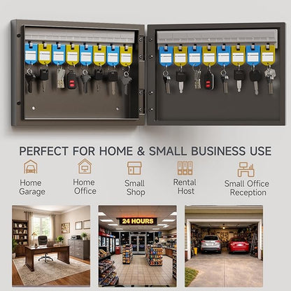16 Key Lock Box – Wall Mounted Key Cabinet with Magnetic Door & Key Tags, Steel Lockable Key Organizer for Home, Garage & Small Office