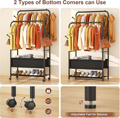 Furologee Clothing Racks for Hanging Clothes, Portable Rolling Garment Rack, Sturdy Metal Freestanding Clothes Rack with Wheels, Double Rods Wardrobe Racks for Bedroom Laundry Living Room