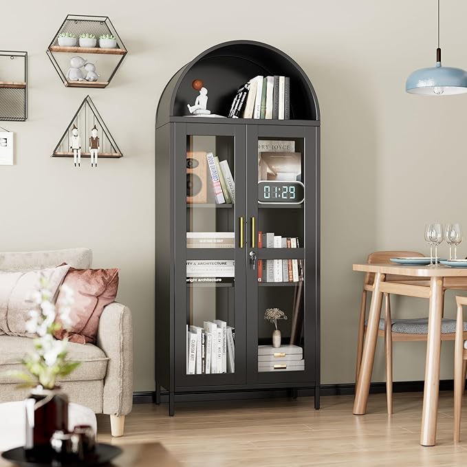 73'' H Metal Arched Display Cabinet with Glass Door,Locking Kitchen Pantry Cabinet with Lockable Door and 2 Adjustable Shelves for Home Office, Assembly Required, Black