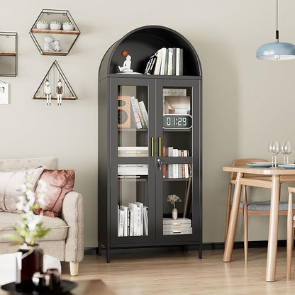 73'' H Metal Arched Display Cabinet with Glass Door,Locking Kitchen Pantry Cabinet with Lockable Door and 2 Adjustable Shelves for Home Office, Assembly Required, Black