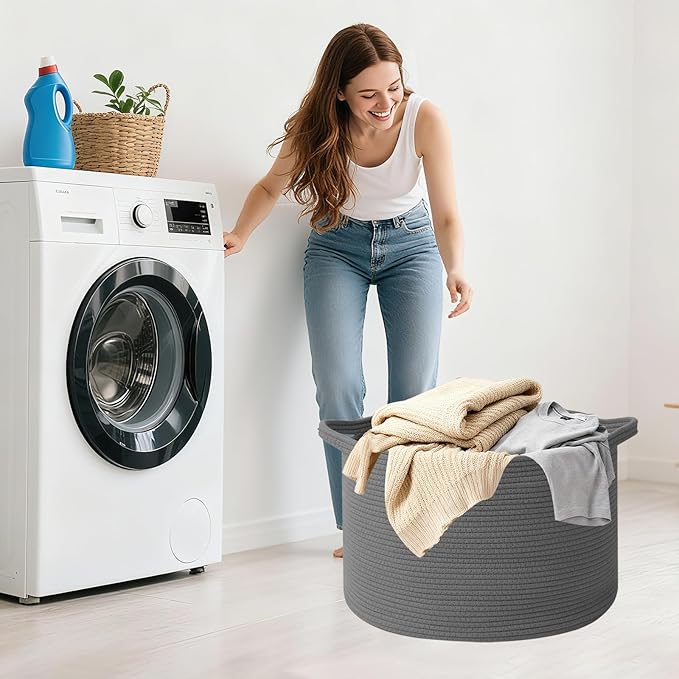 90L Large Blanket Basket,21.7"L x 21.7"W x 13.8"H Rope Woven Baskets with Handles, Toys Storage Bins,Laundry Basket Perfect for Living Room, Nursery,Bedroom,Home Organization,Dark Gry