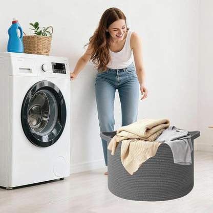 65L Large Blanket Basket,19.7" L x 19.7" W x 13" H Rope Woven Baskets with Handles, Toys Storage Bins,Laundry Basket Perfect for Living Room, Nursery,Bedroom,Home Organization,Dark Gry