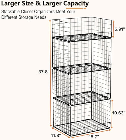 4 Tier Stackable Closet Organizers and Storage Shelves, Foldable Closet Shelf Organizer System, Stackable Storage Bins Drawers for Clothes Organizer System, Black(Patent Pending)