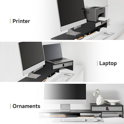 Fenge Computer Monitor Riser Stand with Drawer for 2 or 3 Monitors ,Adjustable Length and Angle Desktop Laptop Stand,Office Organizer,Printer,Black