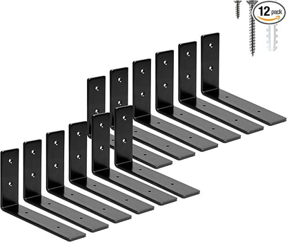 ELSKER&HOME Shelf Brackets 6 Inch, 12 Pack Floating Shelf L Brackets for Shelves Support, Black Metal Heavy Duty Shelf Brackets for DIY Decorative