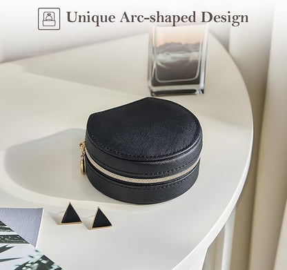 ProCase Travel Size Jewelry Box, Mini Portable Seashell-Shaped Jewelry Case, 2 Layer Organizer in PU Leather for Women -Black