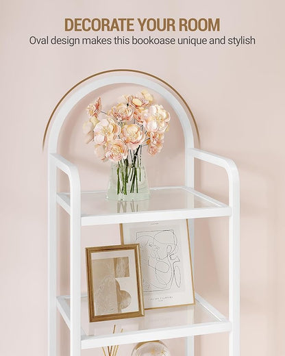 Bookcase Bookshelf, Tempered Glass Bookshelves, Slim Shelving Unit for Bedroom, Bathroom, Home Office, Steel Frame, 5 Tier White BC05099W