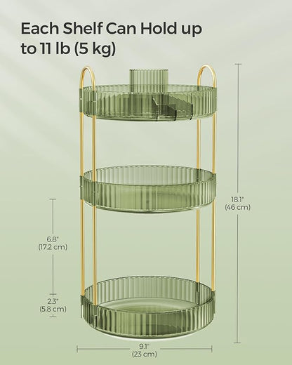 SONGMICS Makeup Organizer, 3-Tier Round Rotating Skincare Organizer Countertop, Customizable, Toiletries Vanity Organizer, Lazy Susan, Gift, Pale Green UJKA011C01