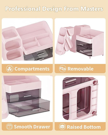 Makeup Organizer with Drawers, Skincare Organizer (Large Size Thick), Storage Box Cosmetic Display Cases, Make up Organizers for Vanity, Dresser, Desk, Kitchen, Countertop (Pink)