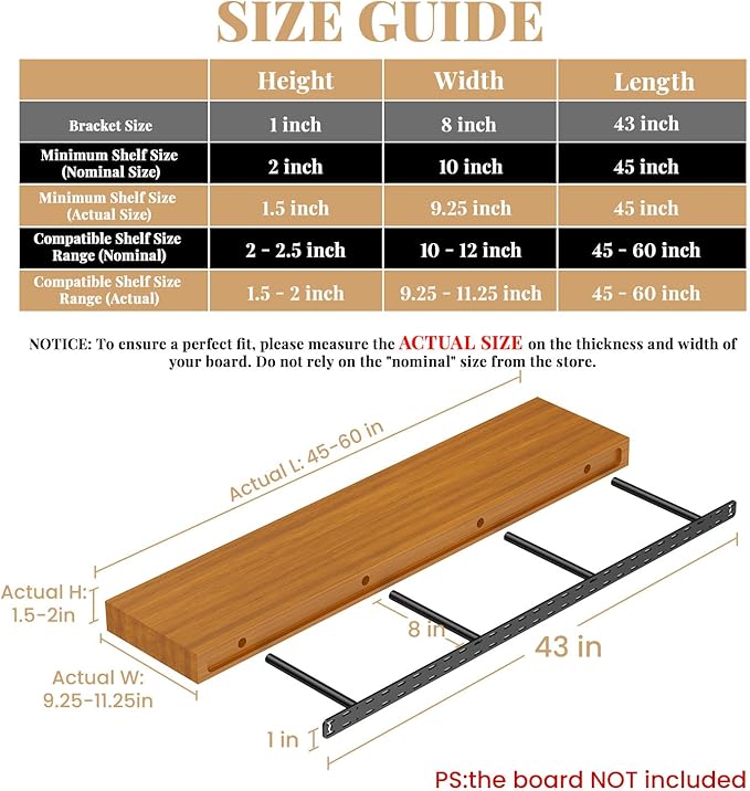 2pcs Floating Shelf Bracket Heavy Duty,Decorative Floating Shelf Hardware Hidden Black Metal Fireplace Mantel Brackets (43"X8"X1.0" with Tools)