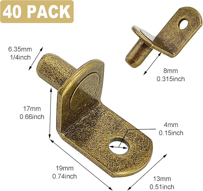 40 Pcs Shelf Pins Pegs,1/4 Inch L-Shaped Shelf Support Pegs,Bookshelf Pegs for Shelves,Cabinet Shelf Bracket Pegs with Hole,Shelf Pins Holders for Kitchen Furniture & Closet,Bronze Tone