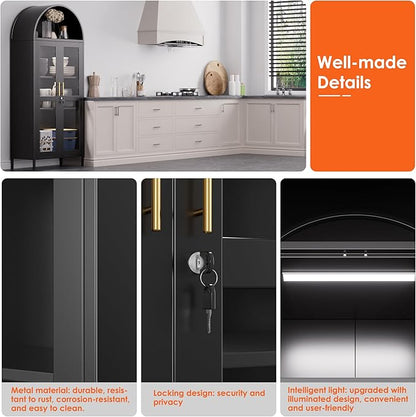 Metal Arched Bookcase Cabinet with 3 LED Strips,Lockable Arched Display Cabinet with Glass Doors for Living Room, Home,Office, Assembly Required (Black)