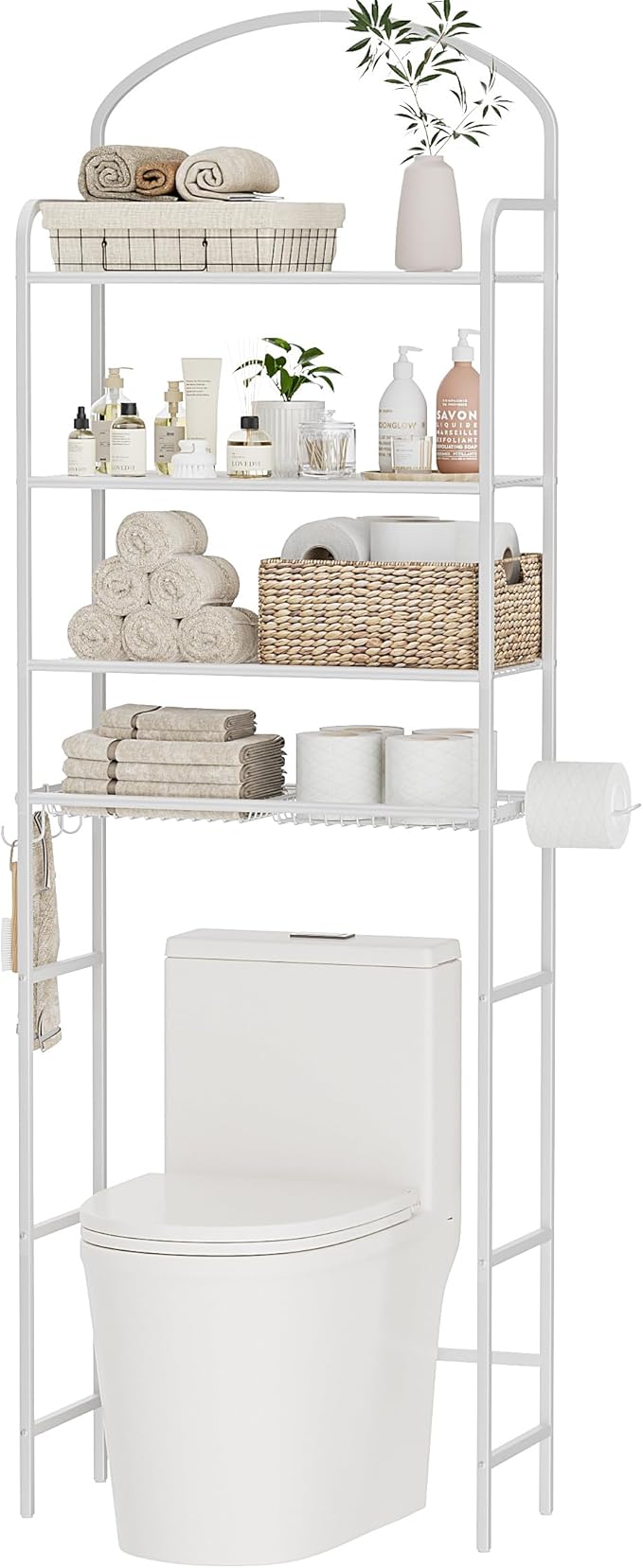 4-Tier Over The Toilet Storage, Bathroom Organizer, Space-Saving, Above Toilet Storage Rack with 4 Hooks and Paper Holder, Metal Shelf, White