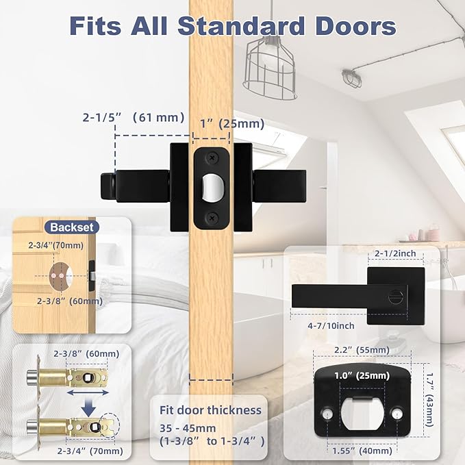 Estmoon 2 Pack Privacy Door Levers Door Handle Matte Black Interior Door Knobs Keyless Door Locks for Bedroom or Bathroom, Left or Right Handing Levers