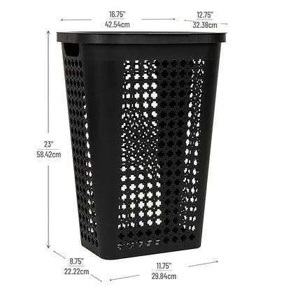 Mind Reader Slim Tapered Laundry Hamper with Lid, Clothes Basket with Swiss Cross Cut-Outs, Lightweight & Ventilated, Plastic, 16.75"L x 12.75"W x 23"H, Black