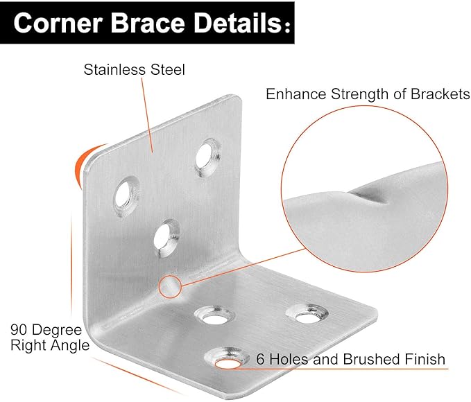 64 PCS Sliver Corner Brace, Stainless Steel 38MM X 30MM X 30MM Heavy Duty L Bracket for Furniture, Corner Steel Joint Right Angle Shelf Support Corner for Shelves, Furniture and Cabinet, Round End