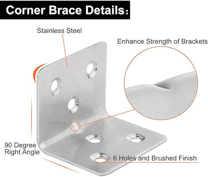 64 PCS Sliver Corner Brace, Stainless Steel 38MM X 30MM X 30MM Heavy Duty L Bracket for Furniture, Corner Steel Joint Right Angle Shelf Support Corner for Shelves, Furniture and Cabinet, Round End