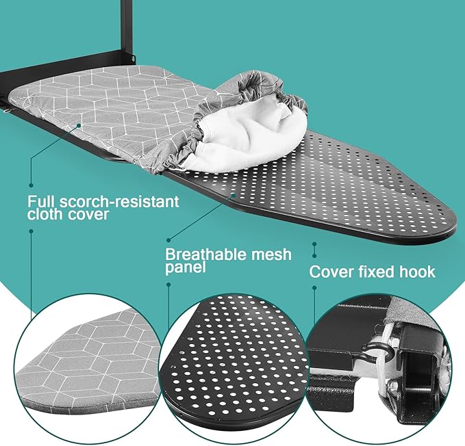 Seiritex Over The Door Ironing Board 14x42 inches with Iron Holder and Pocket Storage Bag, Hanging Iron Board for Home Laundry Room, Black