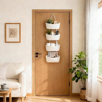Dahey Over The Door Hanging Basket 4-Tier Woven Boho Wall Mounted Storage Organizer with Hooks for Bedroom Nursery Bathroom Apartments Dorm Pantry Decor, White