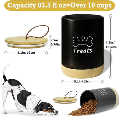 Dog Treat Container Airtight - 5 Inch Wide x 7.5 Inch Black Ceramic Dog Treat Jar for Kitchen Counter, Doggie Cookie Jar with Airtight Bamboo Lid - Farmhouse Style Dog Food Storage Container