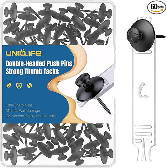 Uniclife 60 Pcs Double Headed Picture Hanging Nails, Picture Hangers, Push Pins for Wall, Double Headed Thumb Tacks, Metal Thumbtacks, Wall Hooks for Art, Photo Frame, Tapestry & Decor, Black