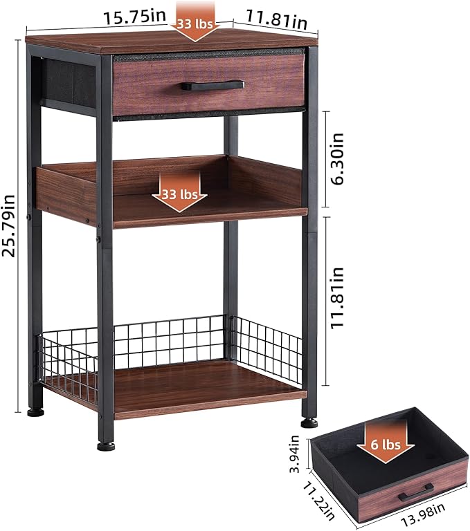 Lerliuo Walnut Printer Stand with Fabric Drawer, 3 Tier Industrial Side Table, Modern Small Printer Desk Holder with Storage Shelf,Multi-Functional Bedside Tables for Home Office Fax Machine Scanner